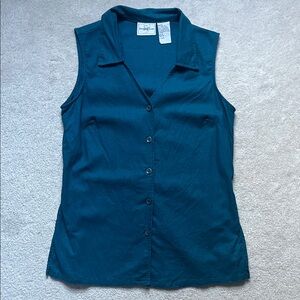 linen button-down tank drawstring waist emerald green/blue/teal medium vintage